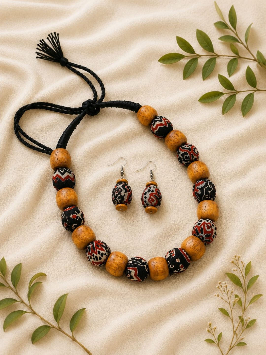AJRAKH RED BLACK WOODEN BEADED NECKLACE SET