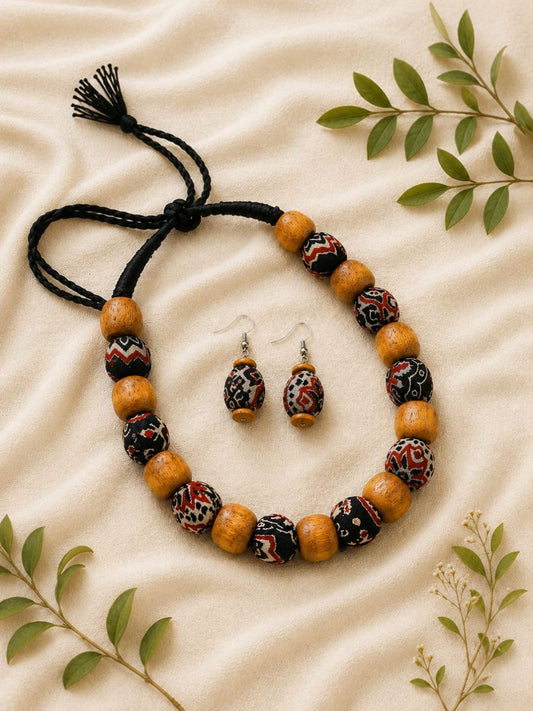 AJRAKH RED BLACK WOODEN BEADED NECKLACE SET